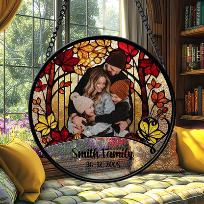 Personalized Family Photo Glass Suncatcher – Custom Stained Glass Window Hanging with Name and Date – Fall Tree Theme Gift for Family (Sun-85)