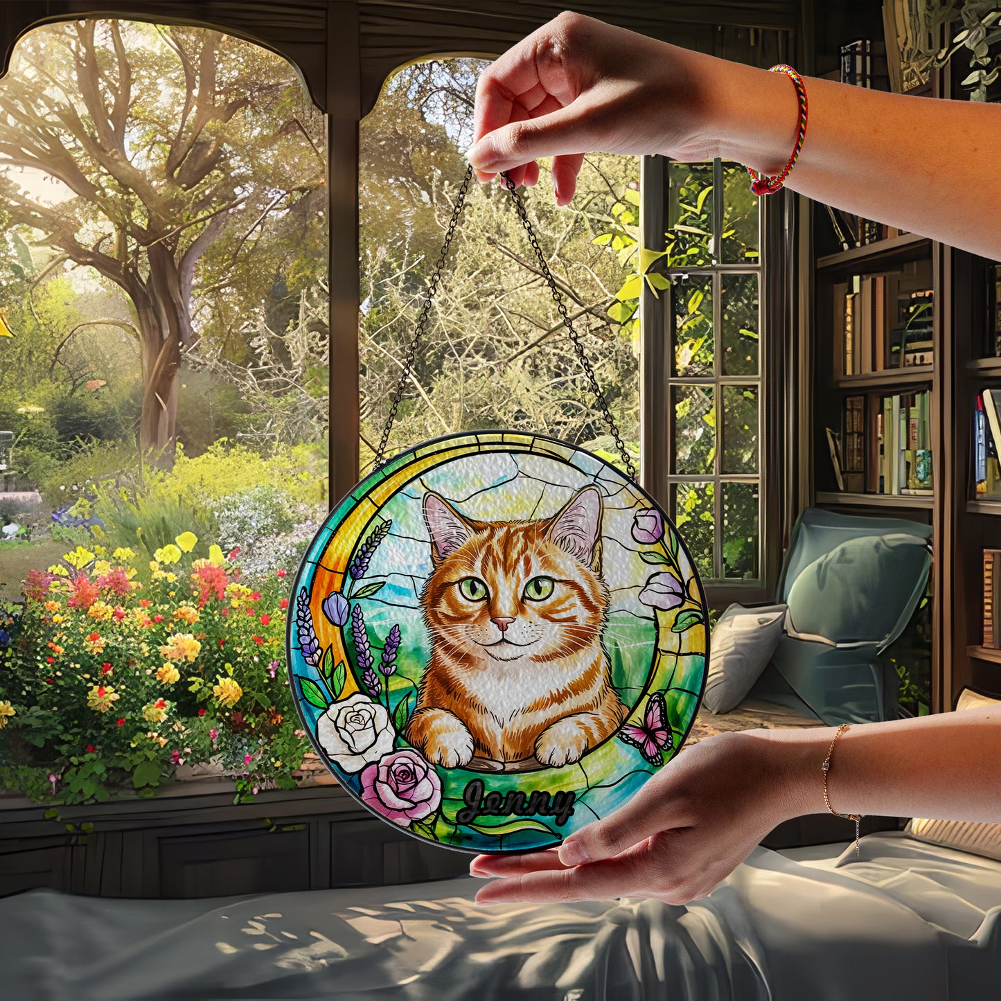 Custom Cat Portrait Glass Suncatcher – Personalized Pet Memorial or Gift for Cat Lovers – Floral Window Hanging with Pet Name (Sun-90)