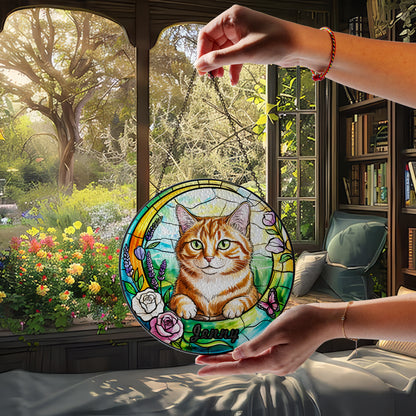 Custom Cat Portrait Glass Suncatcher – Personalized Pet Memorial or Gift for Cat Lovers – Floral Window Hanging with Pet Name (Sun-90)