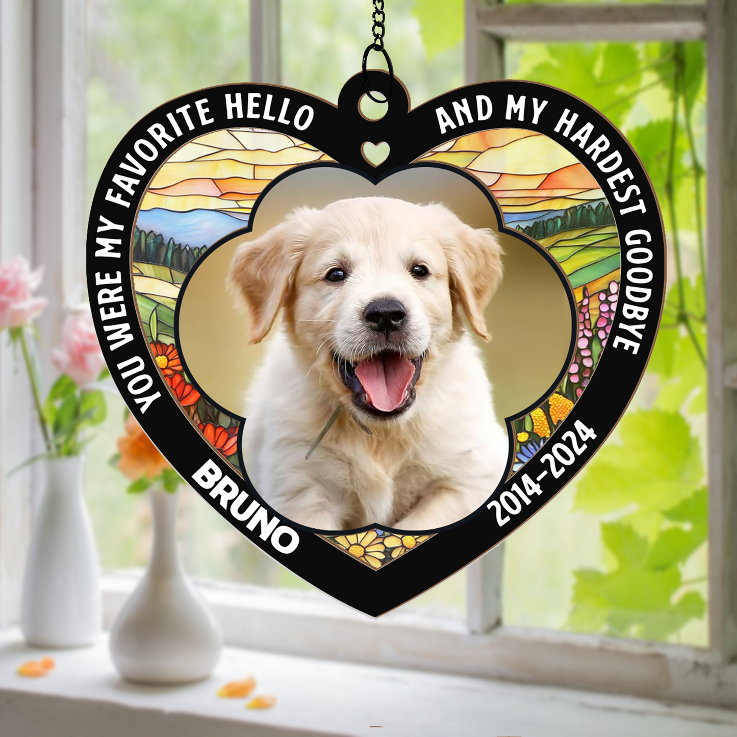 In Loving Memory of Dog Suncatcher – Custom Name & Years Heart Window Hanging – Pet Bereavement Keepsake (H-Sun-23)