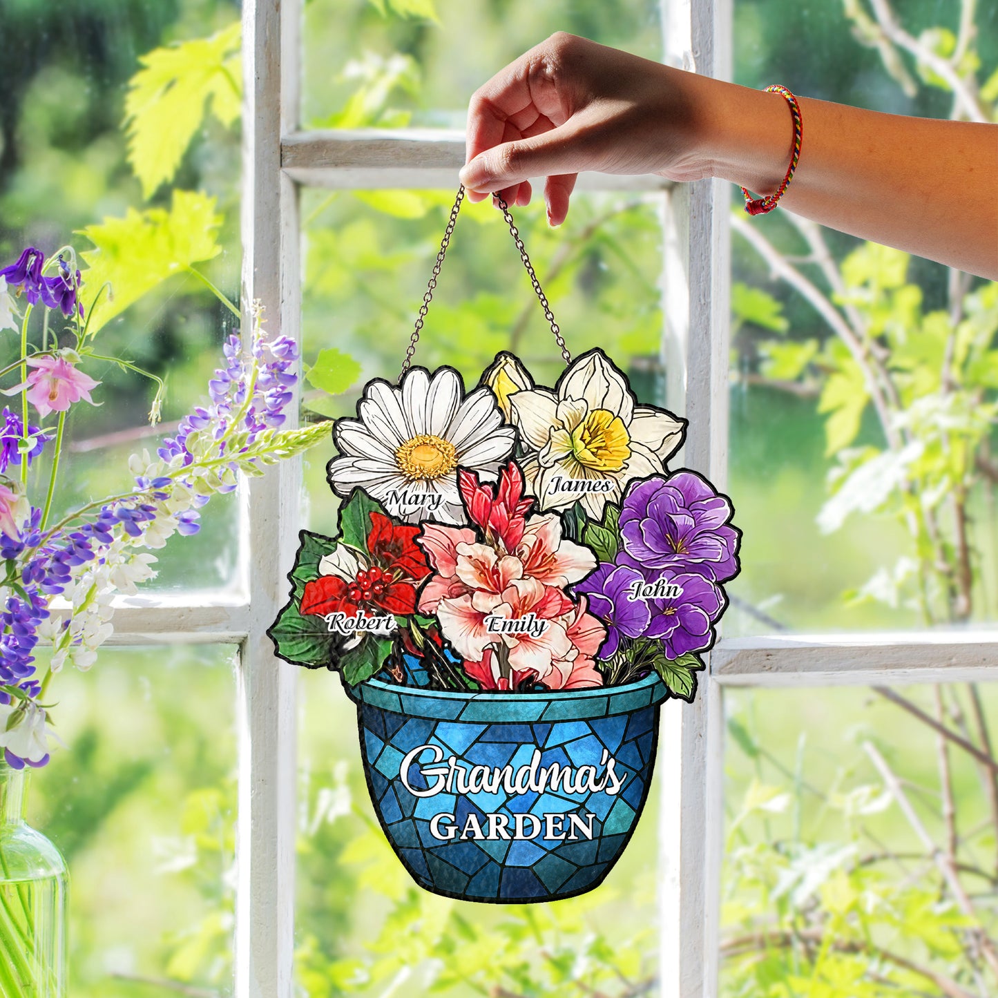 Custom Family Birth Flowers Glass Suncatcher, Personalized Mom’s Garden Gift, Mother’s Day, Stained Glass Art for Grandma’s Garden (H-Sun-08)