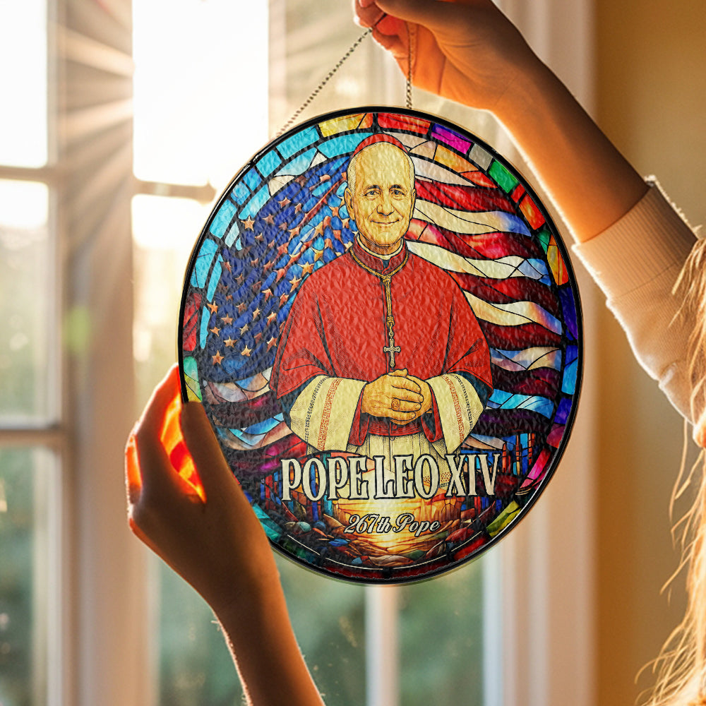 Pope Leo XIV Religious Glass Suncatcher, Christian Home Window Decor, Stained Glass Suncatcher Ornament, Handmade Glass SunCatcher (Sun-113)