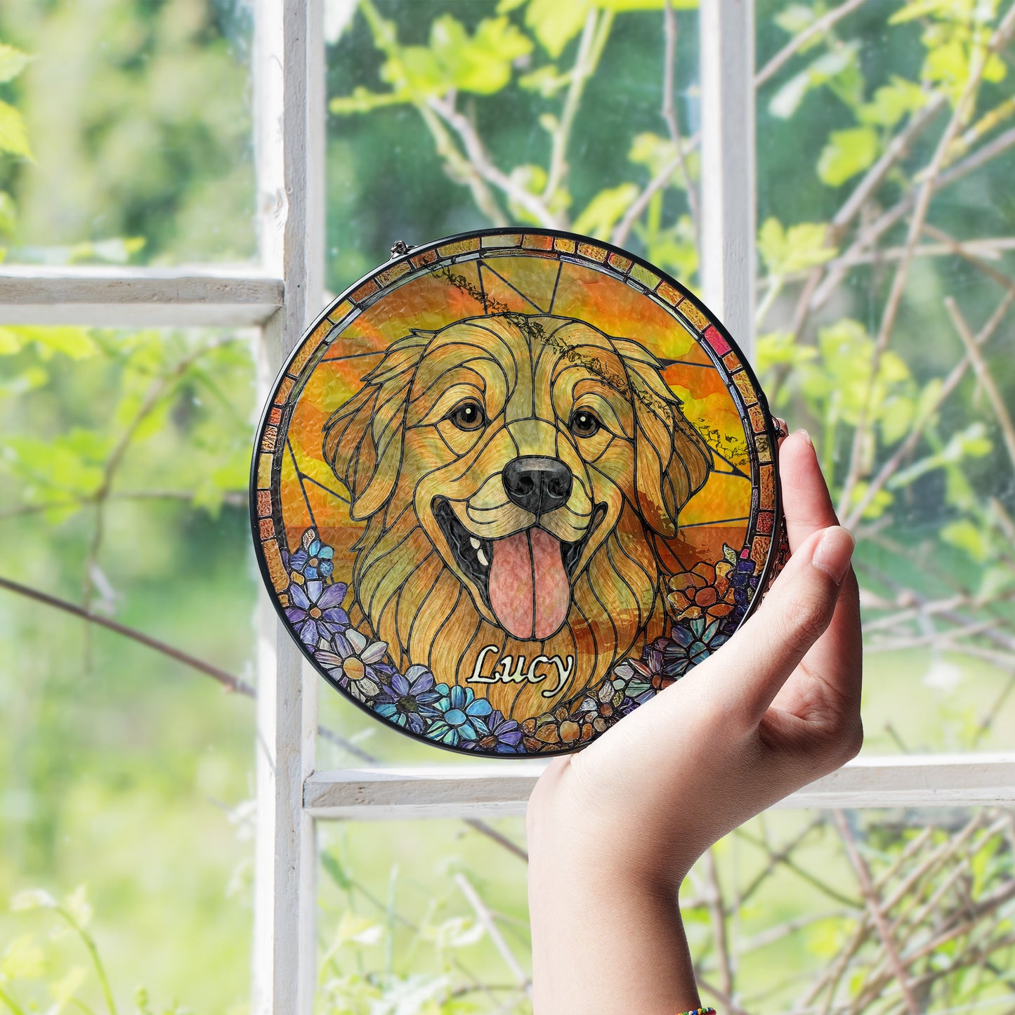 Personalized Dog Portrait Glass Suncatcher with Pet Name – Custom Stained Glass Style Window Hanging for Dog Lovers & Memorial Gift (Sun-81)