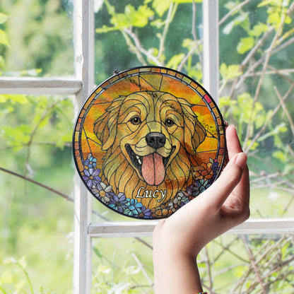 Personalized Dog Portrait Glass Suncatcher with Pet Name – Custom Stained Glass Style Window Hanging for Dog Lovers & Memorial Gift (Sun-81)