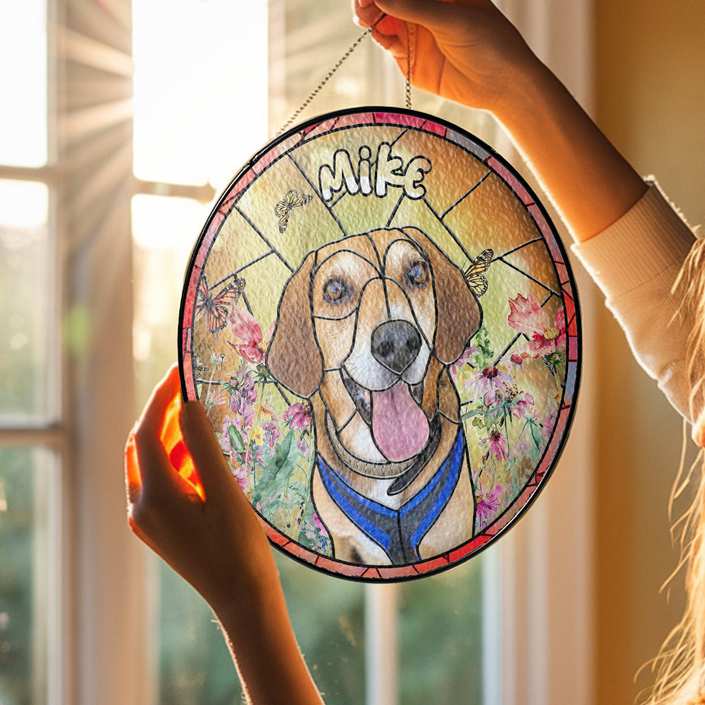 Unique Pet Memorial Glass Suncatcher – Custom Portrait Gift to Remember a Loyal Dog or Cherished Cat (Sun-32)