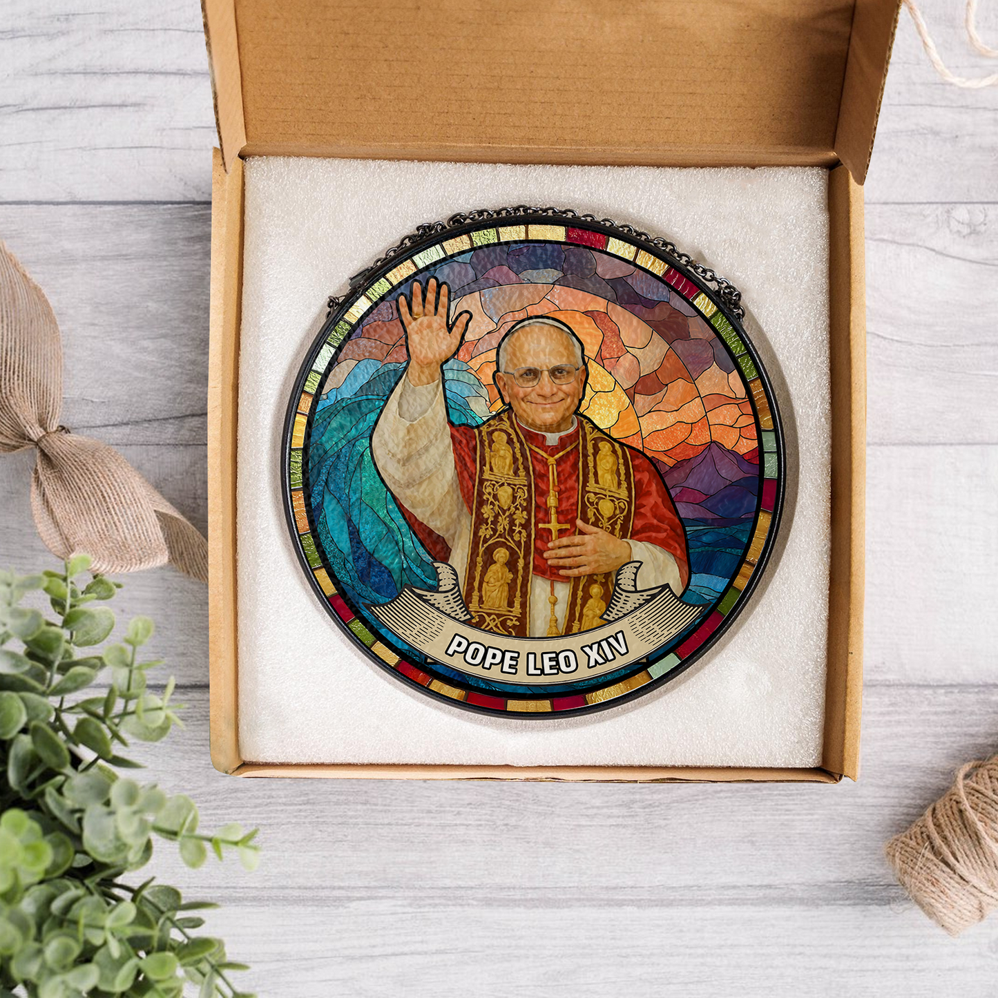 Pope Leo XIV Stained Glass Suncatcher – Catholic Window Hanging Religious Gift – Pope Art Decor for Prayer Room (Sun-102)