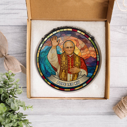 Pope Leo XIV Stained Glass Suncatcher – Catholic Window Hanging Religious Gift – Pope Art Decor for Prayer Room (Sun-102)