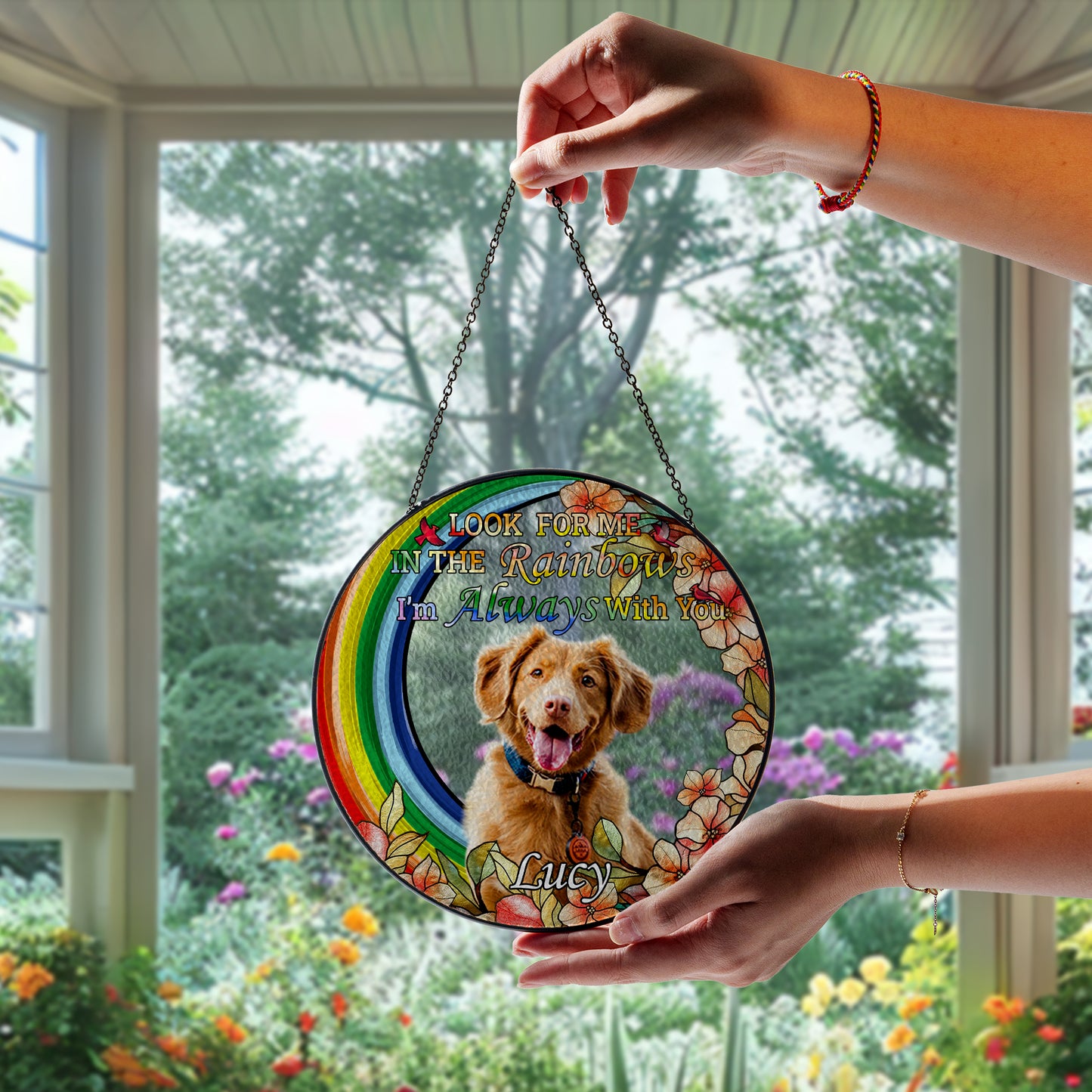 Personalized Rainbow Bridge Pet Memorial Glass Suncatcher – Custom Photo Keepsake for Loss of Dog or Cat (Sun-93)