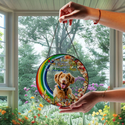 Personalized Rainbow Bridge Pet Memorial Glass Suncatcher – Custom Photo Keepsake for Loss of Dog or Cat (Sun-93)