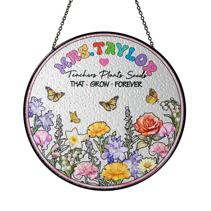 Unique Teacher Gift with Name - Garden Themed Stained Glass Suncatcher - Teacher Retirement or Thank You Gift (Sun-106)