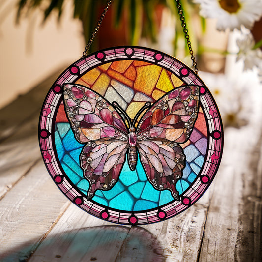 Handcrafted Glass Suncatcher with Butterfly Design – Pink & Jewel Tone Stained Glass Hanging – Window Decor for Spring or Summer (Sun-84)