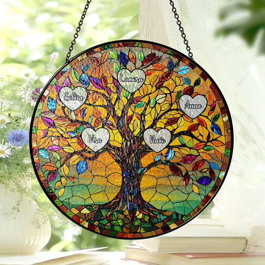 Personalized Family Tree Stained Glass Suncatcher – Custom Names Gift for Mom, Grandma or Nana – Window Hanging Home Decor (Sun-79)