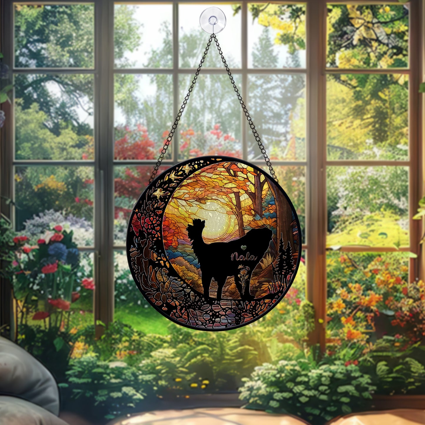 Handmade Personalized Dog Glass Suncatcher – Pet Face & Name Ornament, Stained Glass Style Gift for Dog Mom or Pet Loss Keepsake (Sun-86)