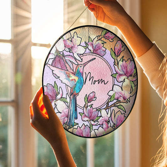Custom Floral and Hummingbird Stained Glass Suncatcher Gift for Mom (Sun-15)