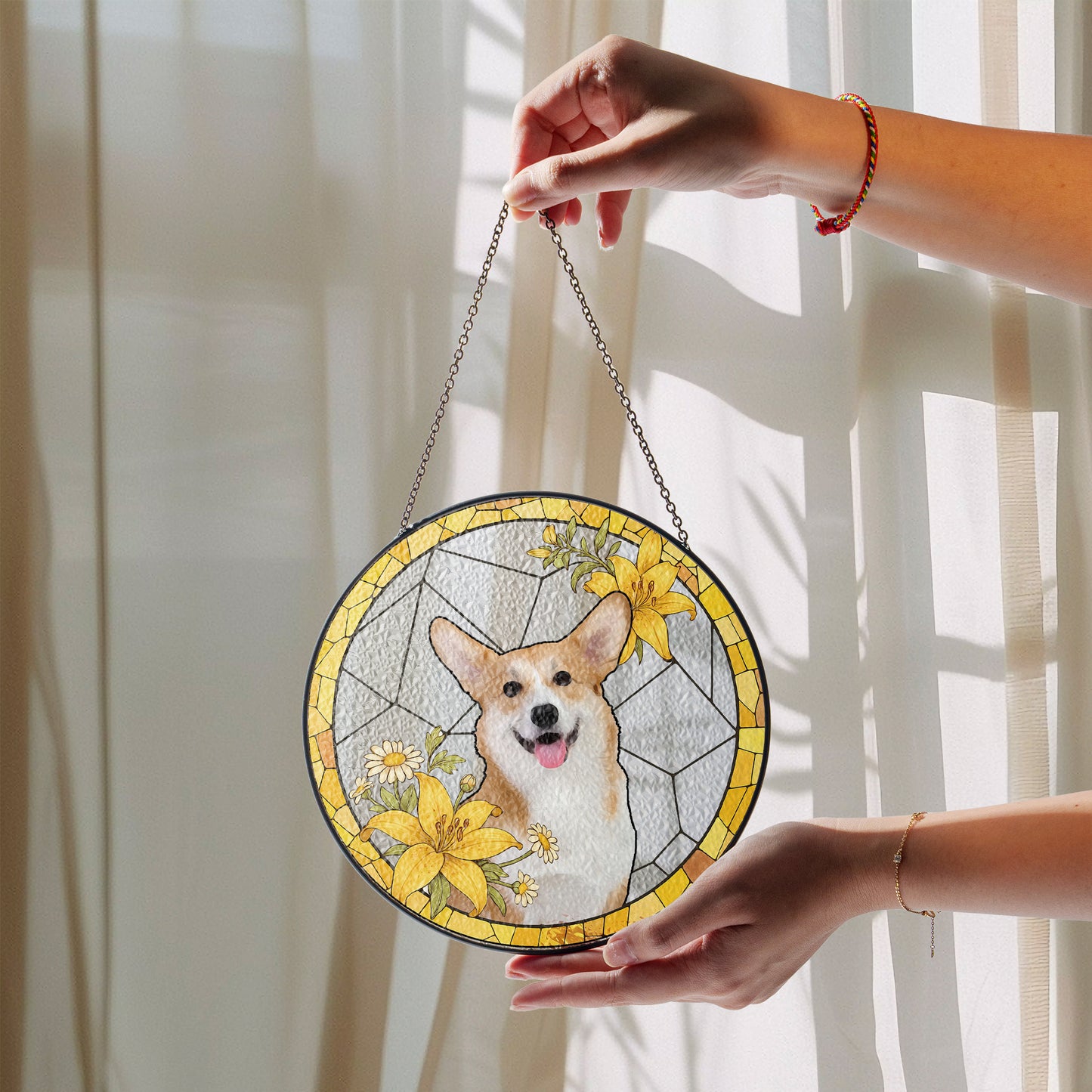 Custom Pet Glass Suncatcher – Personalized Dog Portrait with Yellow Lilies and Daisies – Stained Glass Style Window Hanging Gift (Sun-104)