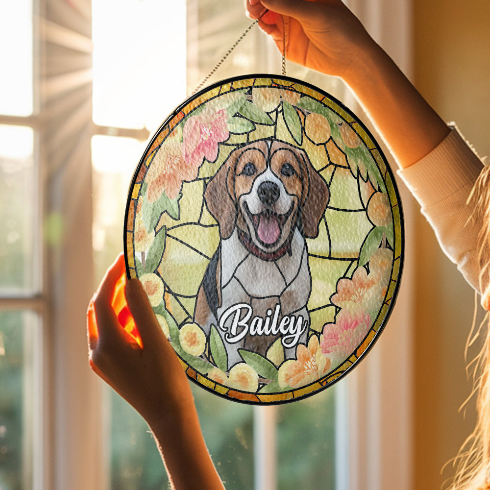 Personalized Glass Suncatcher Pet Portrait, Custom Stained Glass Memorial for Dogs & Cats (Sun-21)