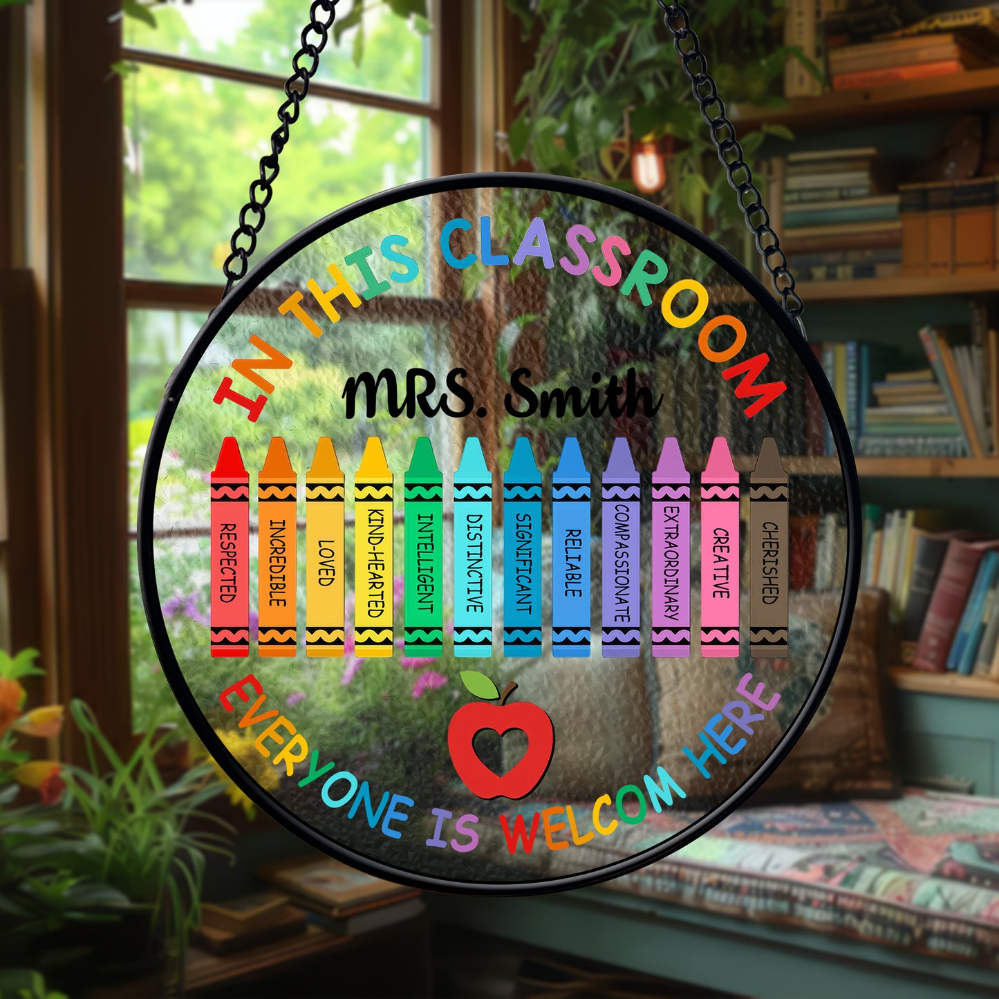 Custom Classroom Glass Suncatcher – Teacher Gift with Rainbow Crayons and Welcome Quote – Back to School Window Decoration (Sun-88)