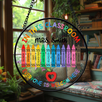 Custom Classroom Glass Suncatcher – Teacher Gift with Rainbow Crayons and Welcome Quote – Back to School Window Decoration (Sun-88)