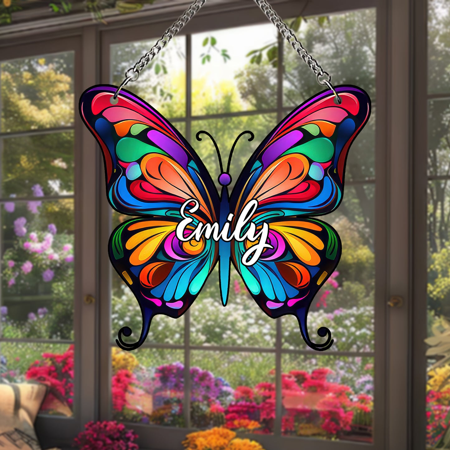 Personalized Butterfly Glass Suncatcher – Custom Name Window Hanging – Stained Glass Style Memorial or Gift for Her (Sun-91)