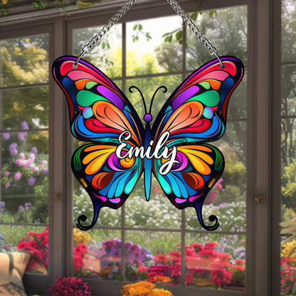 Personalized Butterfly Glass Suncatcher – Custom Name Window Hanging – Stained Glass Style Memorial or Gift for Her (Sun-91)