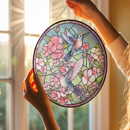Custom Glass Suncatcher with Hummingbird Couple – A Romantic Window Hanging for Bird and Nature Lovers (Sun-30)