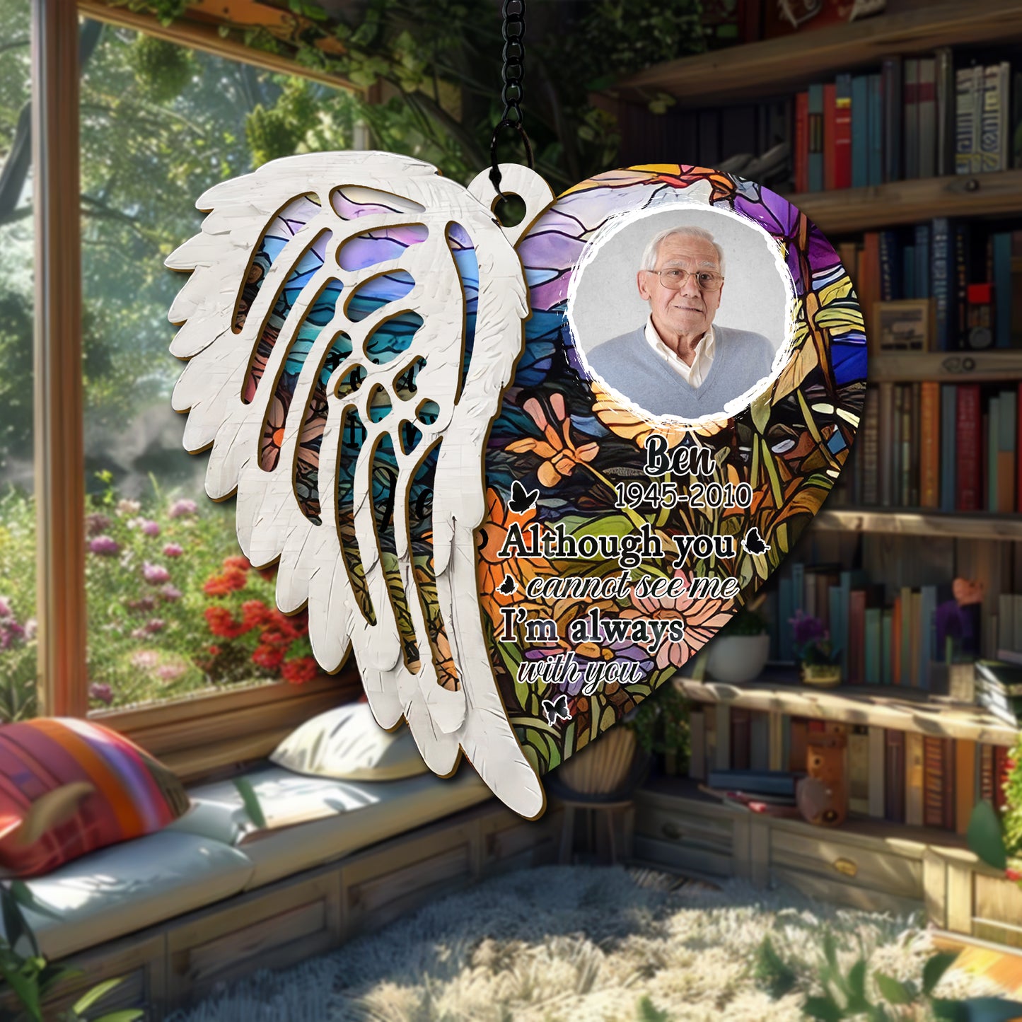 Custom Photo Glass Suncatcher with Angel Wings – A Beautiful Window Hanging to Remember a Loved One Taken Too Soon (H-Sun-18)