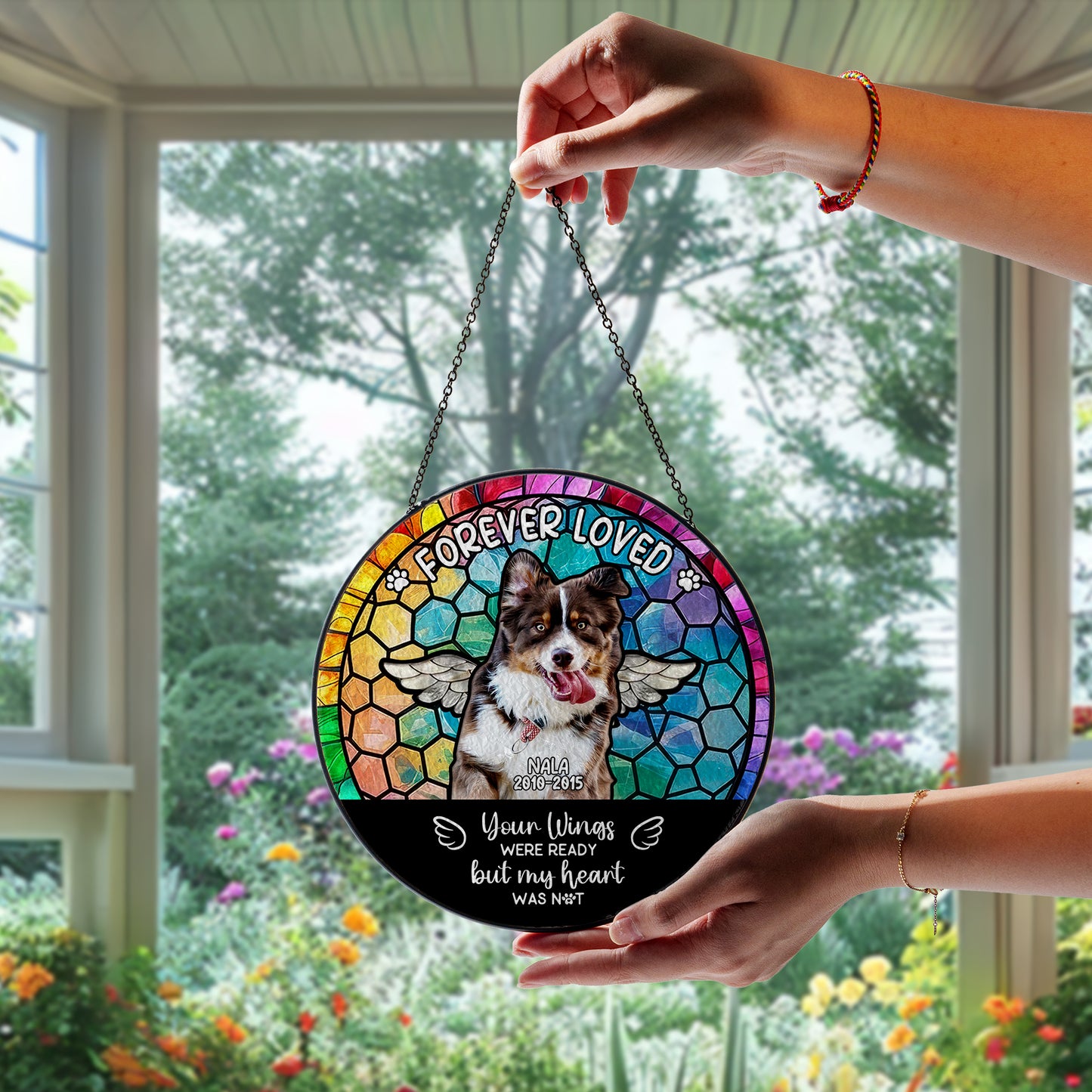 Personalized Pet Memorial Glass Suncatcher – Dog Loss Gift with Name and Dates – ‘Your Wings Were Ready’ Rainbow Window Hanging (Sun-89)