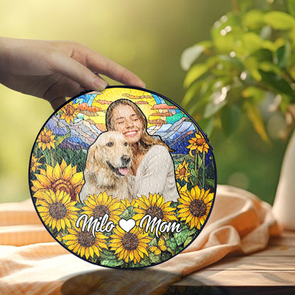 Custom Glass Suncatcher Featuring Pet and Owner – A Personalized Sunlit Tribute for Remembering a Beloved Furry Companion (Sun-68)