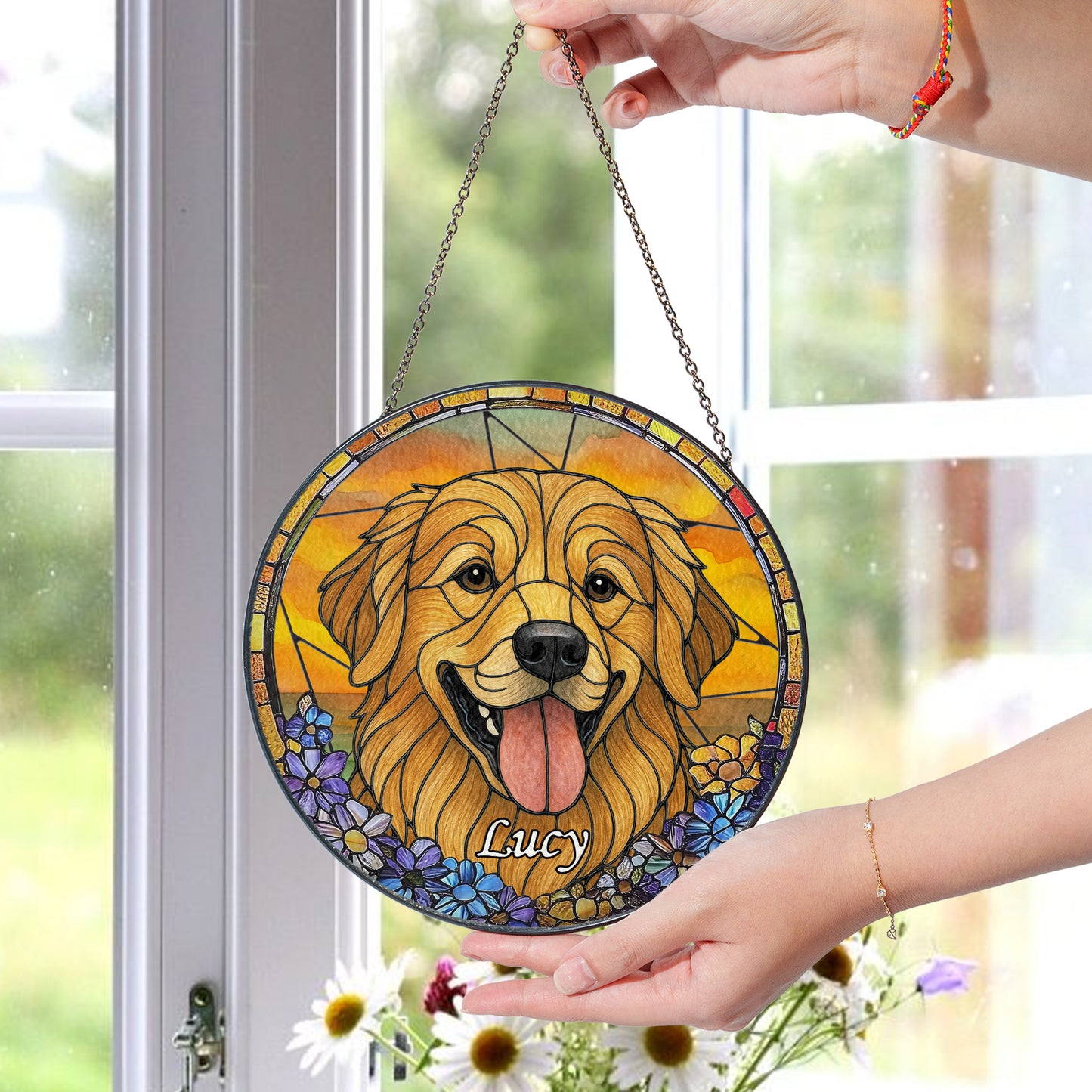 Personalized Dog Portrait Glass Suncatcher with Pet Name – Custom Stained Glass Style Window Hanging for Dog Lovers & Memorial Gift (Sun-81)