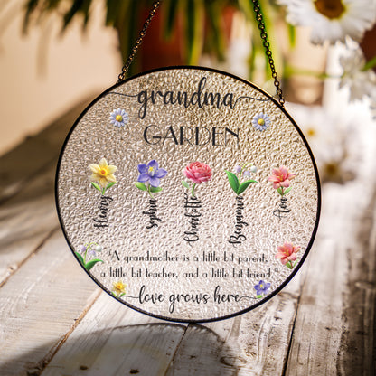 Grandma’s Garden Glass Suncatcher with Custom Names – Floral Window Hanging Sun Catcher – Mother's Day or Birthday Gift for Grandmother (Sun-101)