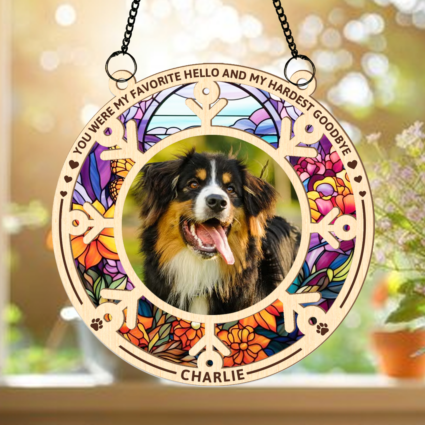 Pet Memorial Hanging Suncatcher with Photo and Name – Personalized Rainbow Bridge Remembrance Gift for Dog or Cat Loss (H-Sun-29)