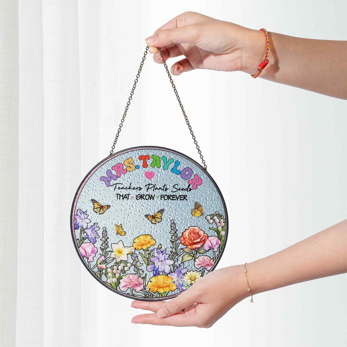 Unique Teacher Gift with Name - Garden Themed Stained Glass Suncatcher - Teacher Retirement or Thank You Gift (Sun-106)