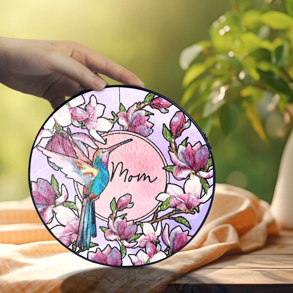 Custom Floral and Hummingbird Stained Glass Suncatcher Gift for Mom (Sun-15)