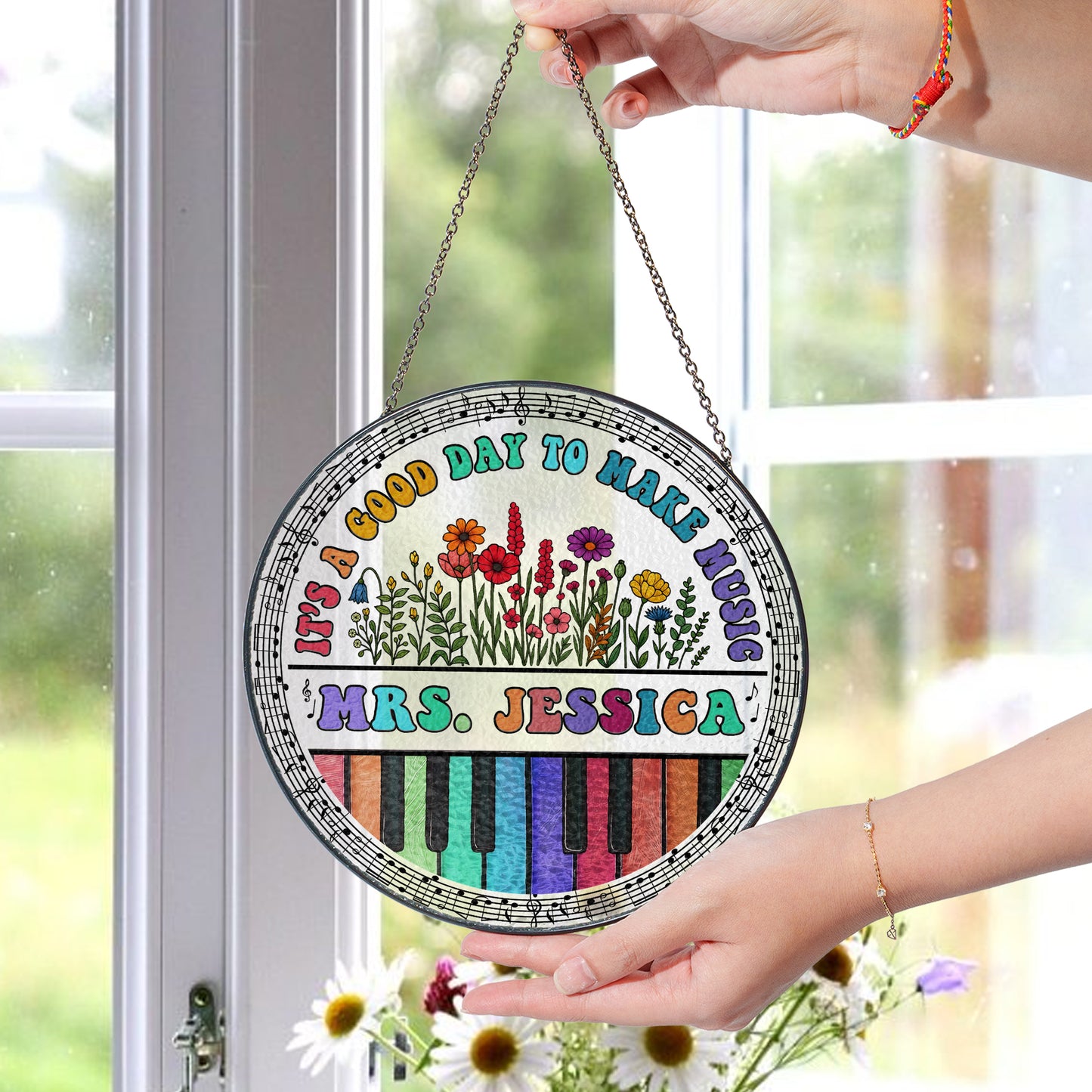 Personalized Music Teacher Glass Suncatcher – Custom Name Piano Design with Flowers – Gift for Music Instructor or Choir Teacher (Sun-83)