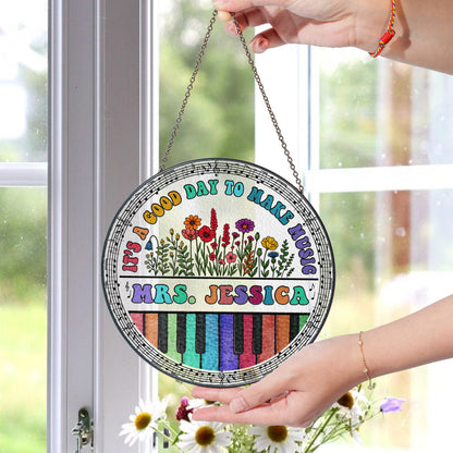 Personalized Music Teacher Glass Suncatcher – Custom Name Piano Design with Flowers – Gift for Music Instructor or Choir Teacher (Sun-83)