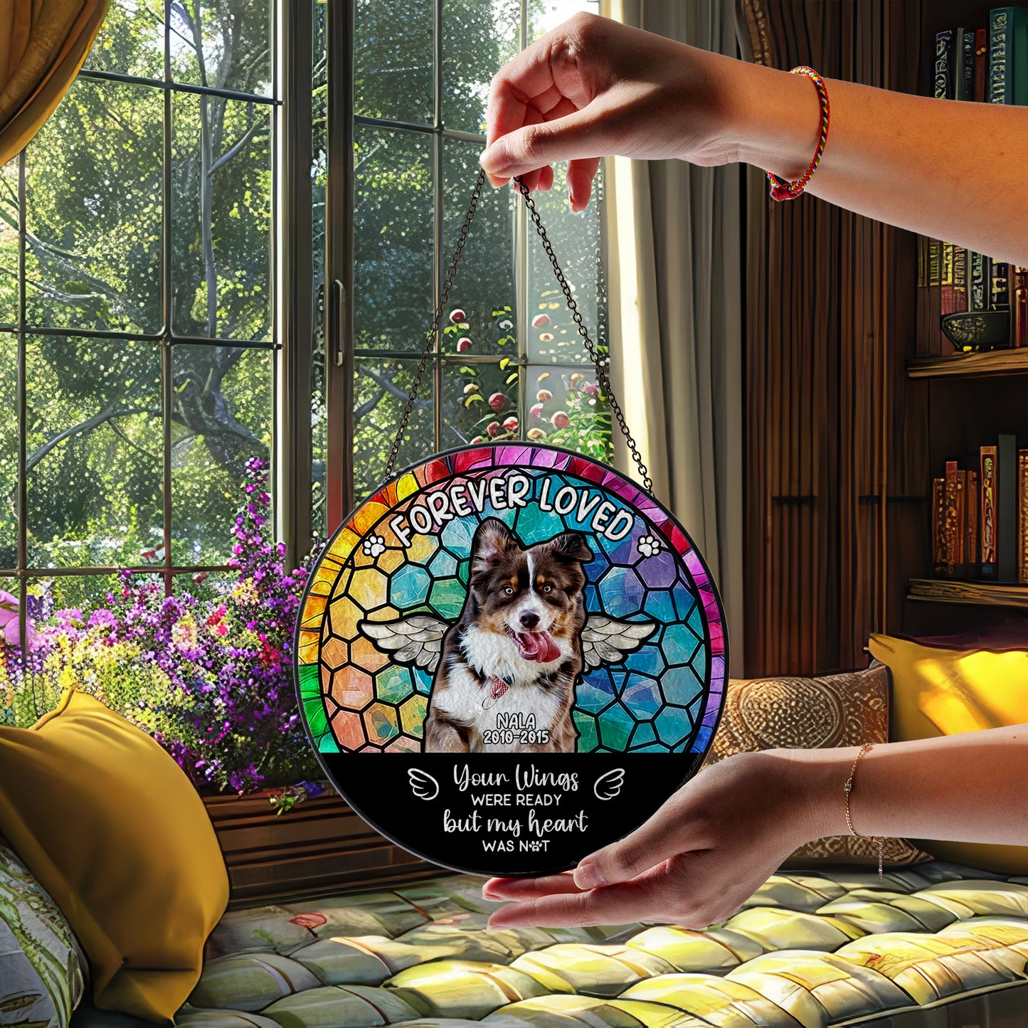 Personalized Pet Memorial Glass Suncatcher – Dog Loss Gift with Name and Dates – ‘Your Wings Were Ready’ Rainbow Window Hanging (Sun-89)
