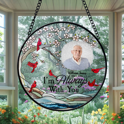Personalized Glass Suncatcher for Windows – Memorial Cardinal Ornament with Name, Dates & Photo (Sun-95)