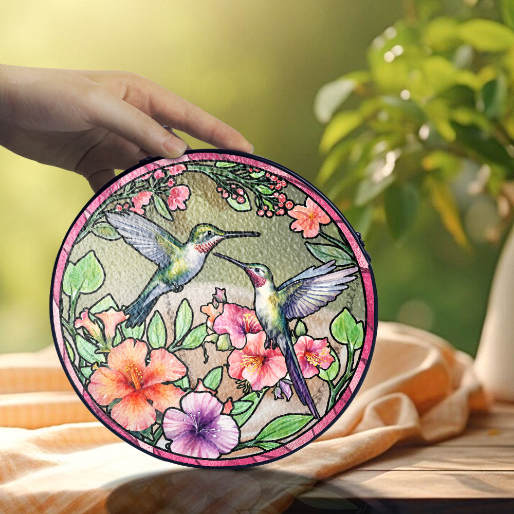 Custom Hummingbird Couple Glass Suncatcher, Elegant Window Decoration for Bird Lovers (Sun-22)