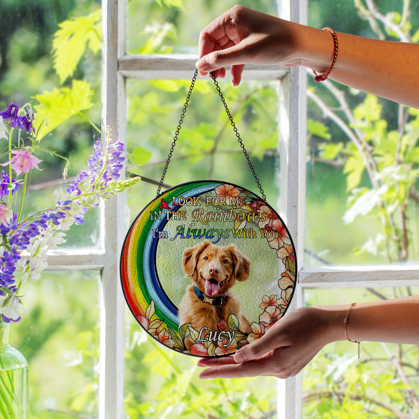 Personalized Rainbow Bridge Pet Memorial Glass Suncatcher – Custom Photo Keepsake for Loss of Dog or Cat (Sun-93)