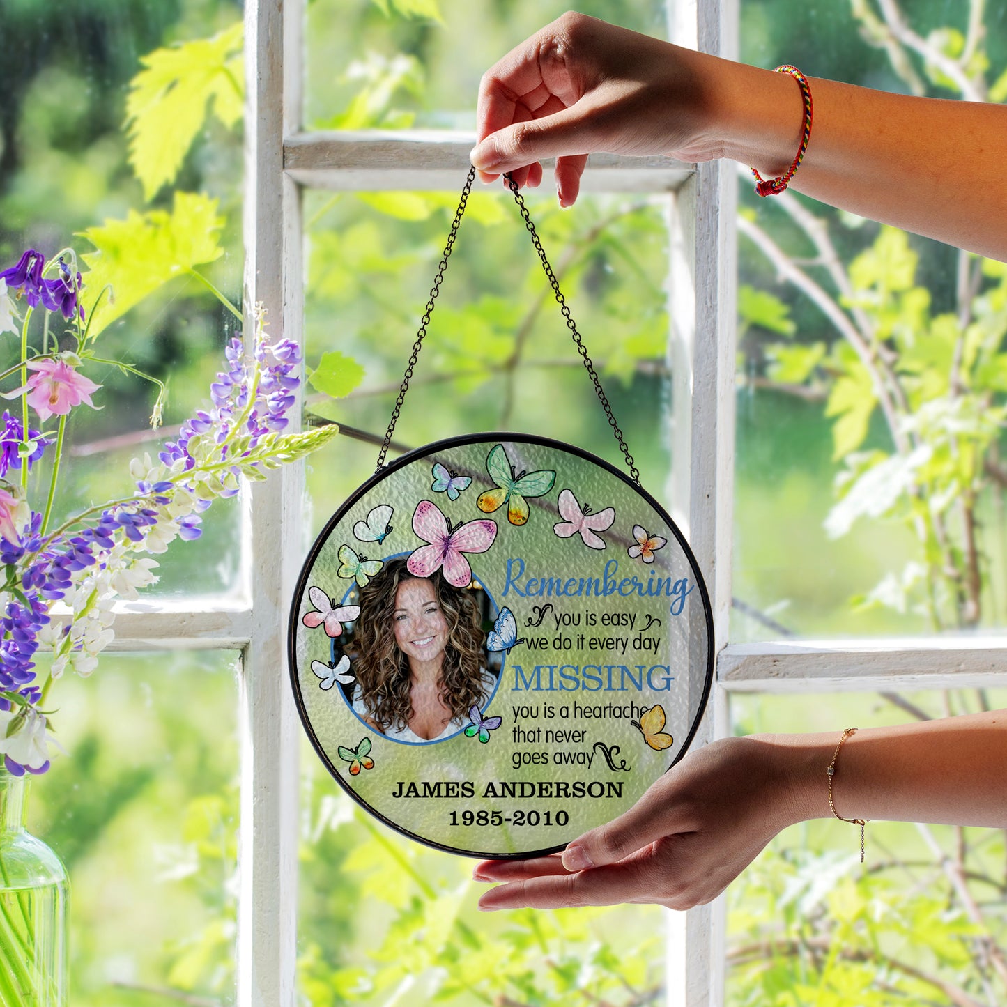 Personalized Memorial Glass Suncatcher with Photo and Butterflies – In Loving Memory Hanging Ornament for Loss of Loved One (Sun-92)
