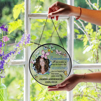 Personalized Memorial Glass Suncatcher with Photo and Butterflies – In Loving Memory Hanging Ornament for Loss of Loved One (Sun-92)