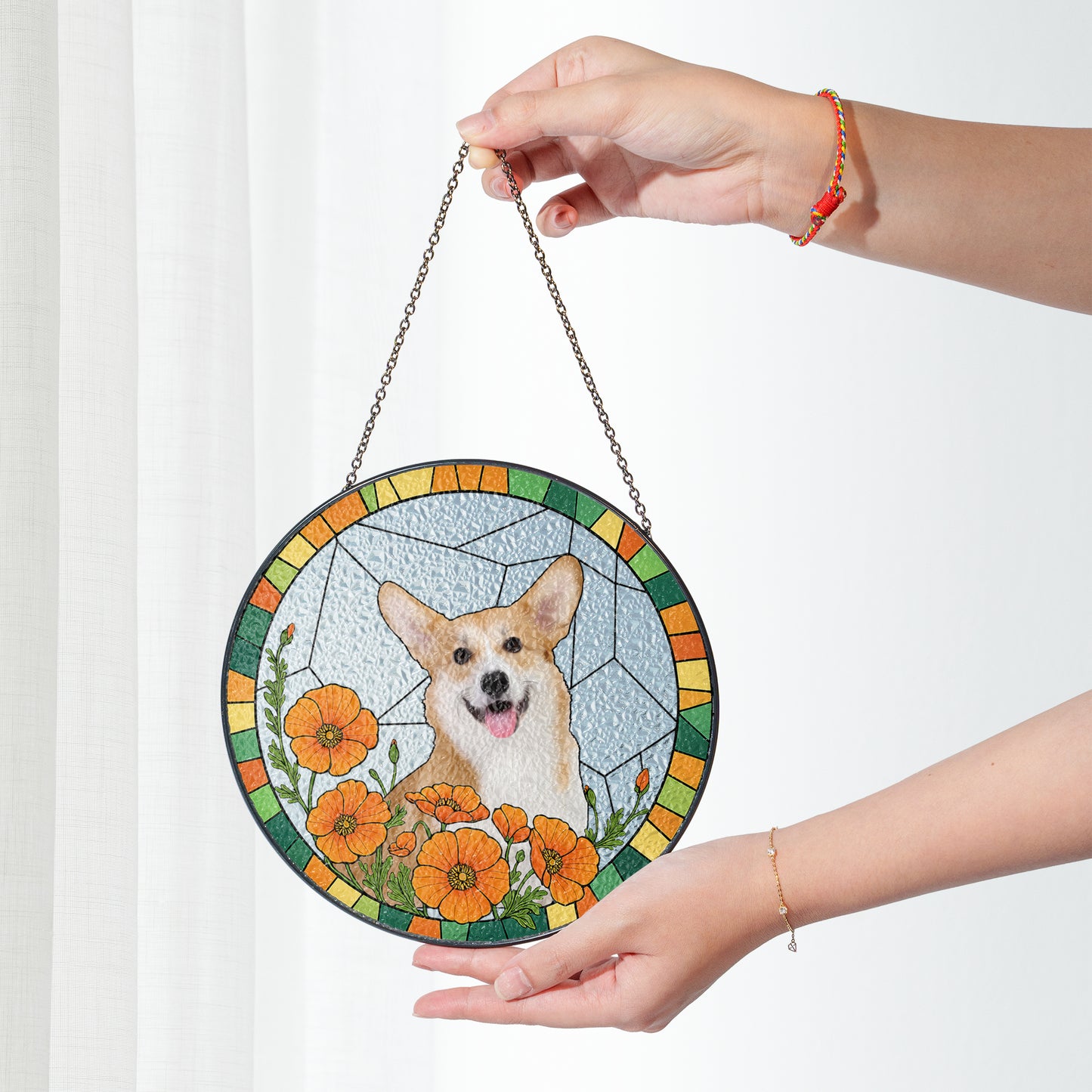 Custom Pet Glass Suncatcher – Personalized Dog Portrait with Yellow Lilies and Daisies – Stained Glass Style Window Hanging Gift (Sun-104)
