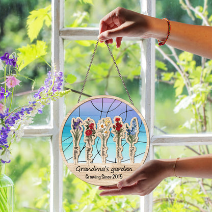 Personalized Grandma’s Garden Hanging Suncatcher, Custom Birth Flower & Name Sign, Gift for Nana (Sun-80)