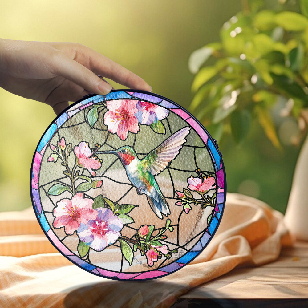 Custom Floral and Hummingbird Stained Glass Suncatcher for Window (Sun-14)