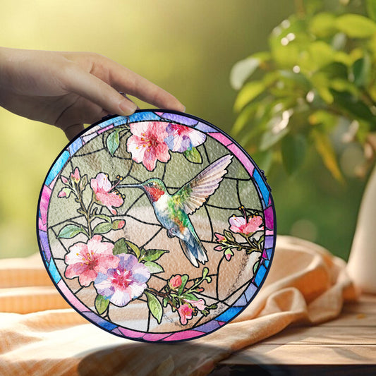 Custom Floral and Hummingbird Stained Glass Suncatcher for Window (Sun-14)