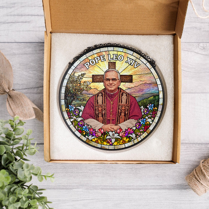 Christian Gift – Pope Leo XIV Glass Suncatcher with Cross and Floral Design – Limited Edition 2025 (Sun-99)