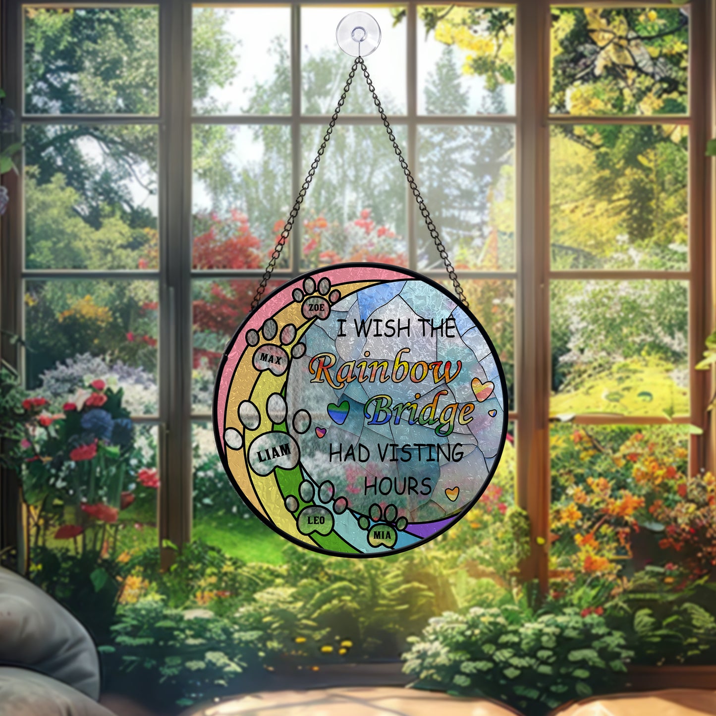 Personalized Glass Suncatcher for Pet Remembrance – Rainbow Bridge Window Hanging with Name and Optional Message – Beautiful Pet Tribute Gift (Sun-87)