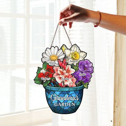 Custom Family Birth Flowers Glass Suncatcher, Personalized Mom’s Garden Gift, Mother’s Day, Stained Glass Art for Grandma’s Garden (H-Sun-08)