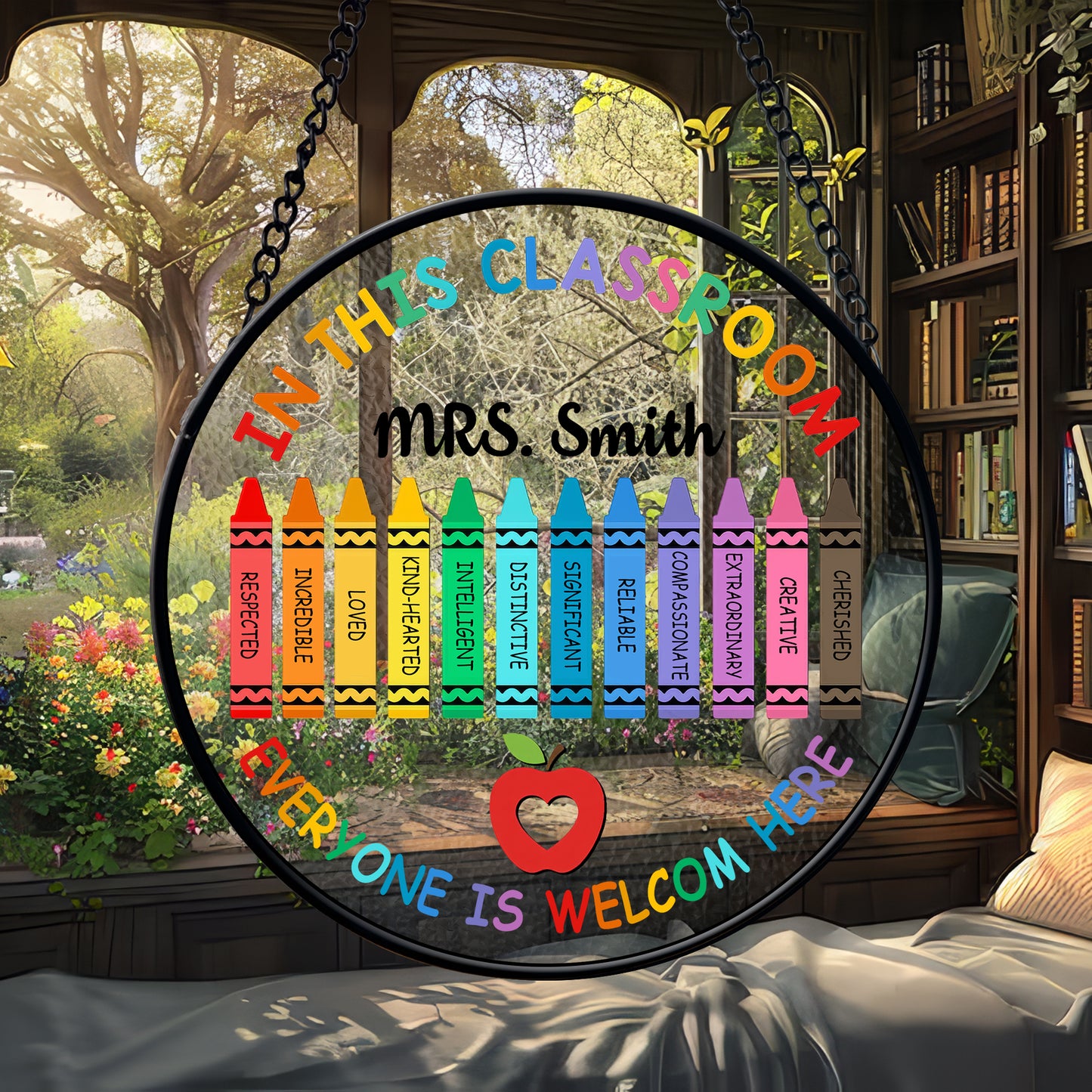 Custom Classroom Glass Suncatcher – Teacher Gift with Rainbow Crayons and Welcome Quote – Back to School Window Decoration (Sun-88)