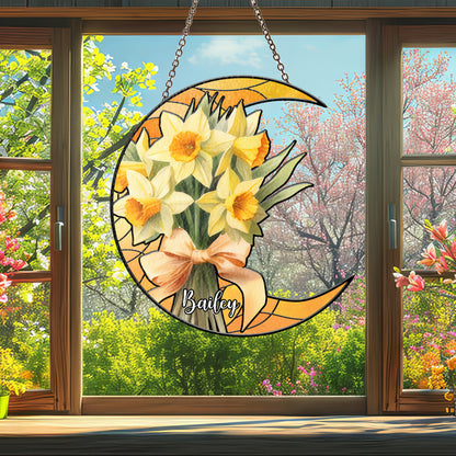 Custom Crescent Moon Glass Suncatcher with Personalized Birth Flowers and Name – Unique Window Decor and Gift for Mother, Mimi, or Nana (Sun-78)